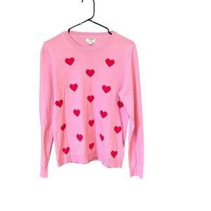 J.Crew factory teddie sweater women M pink red hearts crew neck pullover holiday